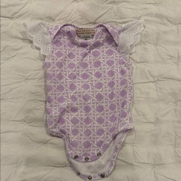 The Beaufort Bonnet Company Other - TBBC 3-6 Months - Purple and White Baby Onesie with Lace Sleeves
